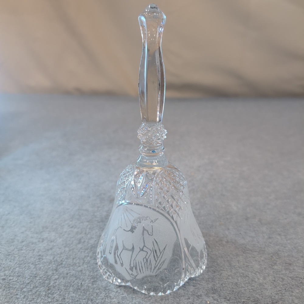 Crystal Glass Dinner Bell Unicorn Etched Handle Clapper Fairy Tale Decor - Picture 1 of 5